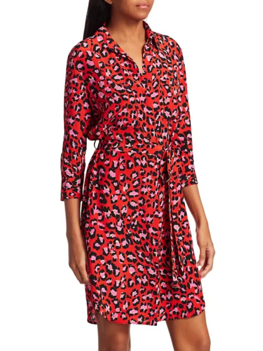L'AGENCE Stella Leopard Print Shirtdress Lava Cerise XS